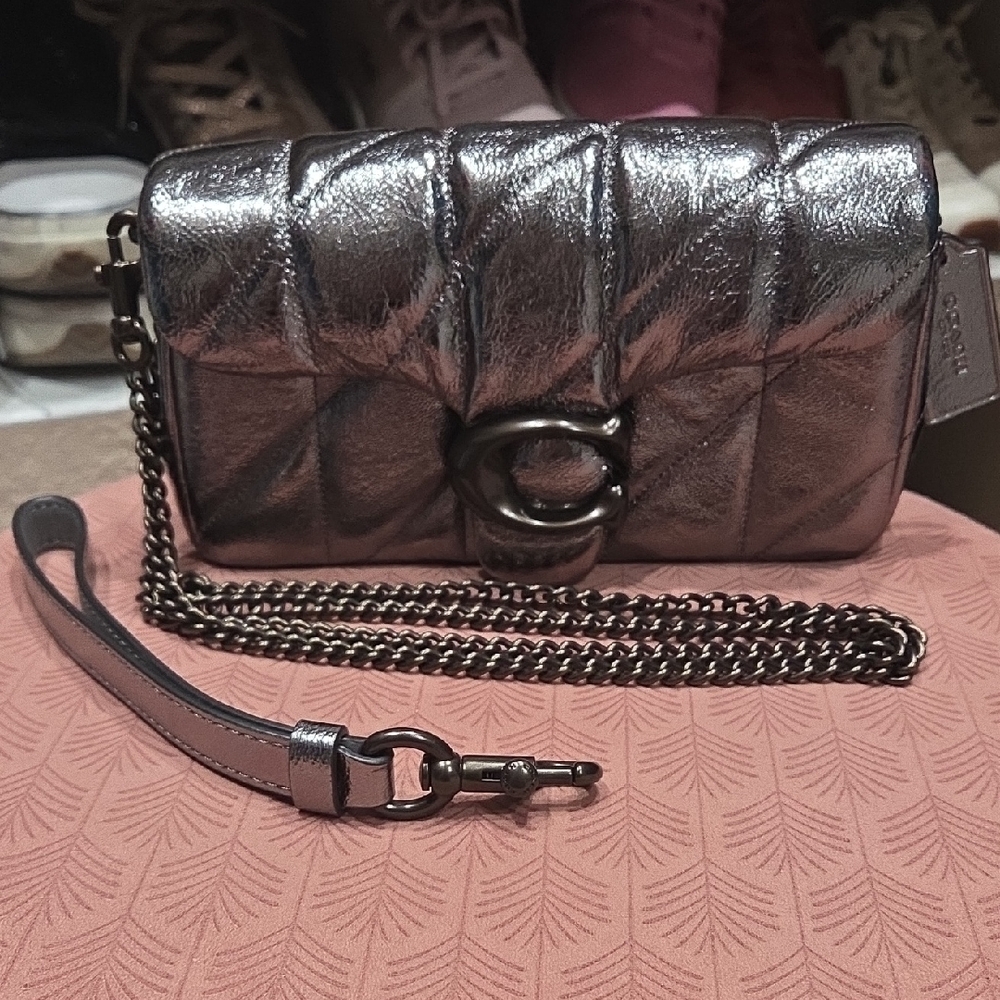 Coach Metallic Anthracite Quilted Wristlet
